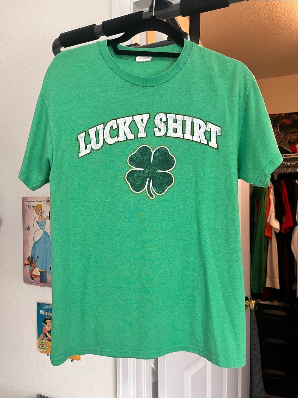 Green Gildan Lucky Shirt with white text and four-leaf clover graphic